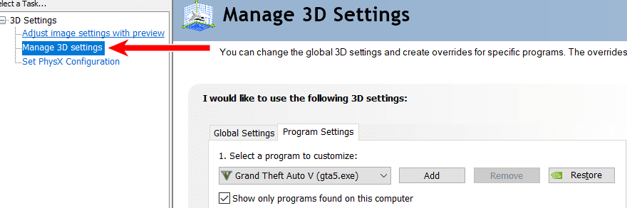 Chọn Manage 3D Settings